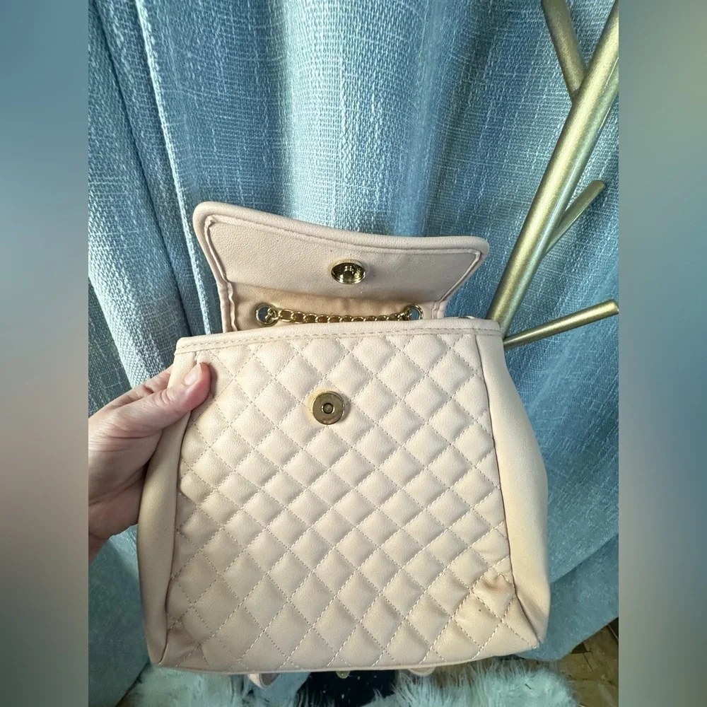 Blush Pink Square Quilted Convertible Backpack Purse with gold hardware